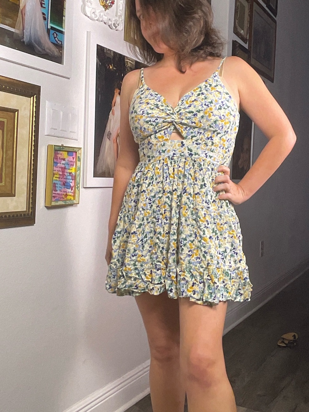 Angie boho floral tiered mini sundress size large rayon keyhole babydoll a-line - Picture 4 of 11